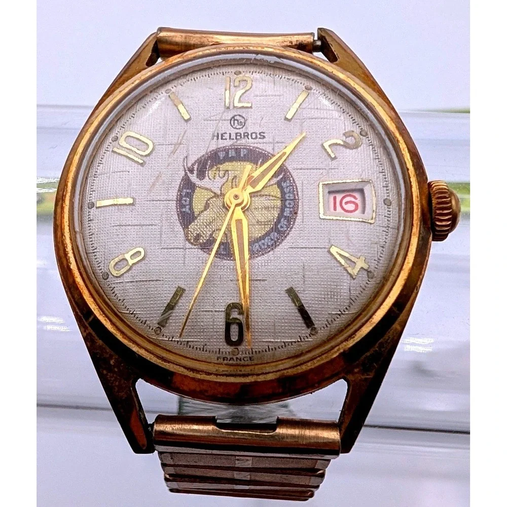 Vintage Helbros Watch Loyal Order of Moose Date Gold Tone Expansion Band France